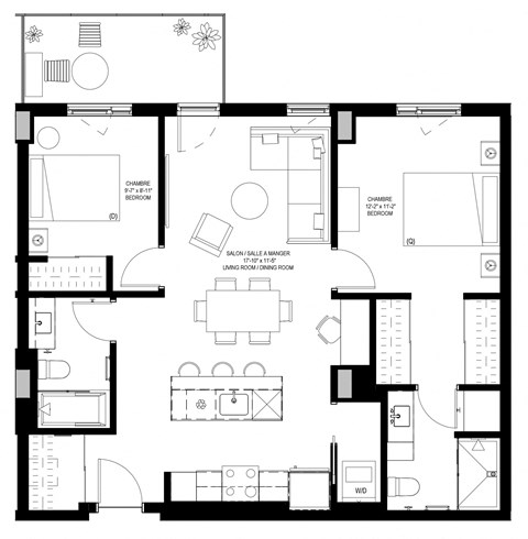 Floor plan for 2 beds, 2 baths, 912 sqft